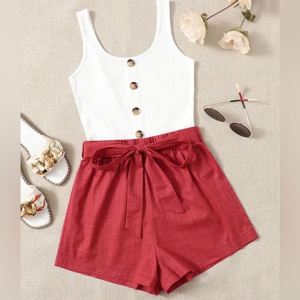 Button Front Colorblock Belted
Combo Tank Romper